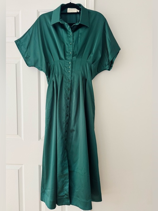 Anthropologie The Tobie Emerald Green Satin Maxi Shirt Dress by Exquise, Size M - Picture 6 of 13